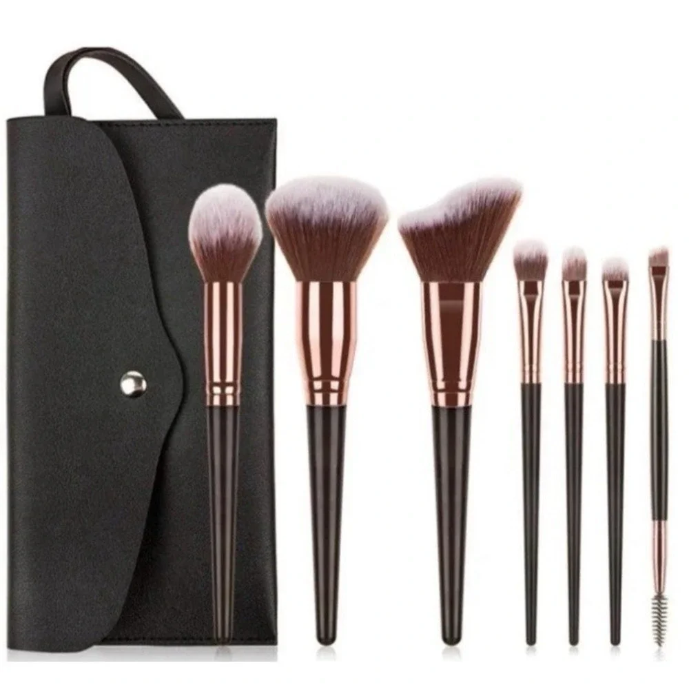 7pc Makeup Brush Set with Travel Case Rose Gold Synthetic Powder Foundation New